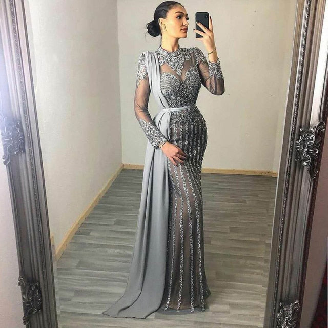 Women's Mock Neck Full Sleeves Beading Pattern Formal Gown