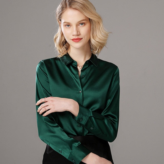 Women's Silk Turndown Collar Long Sleeves Plain Pattern Blouse