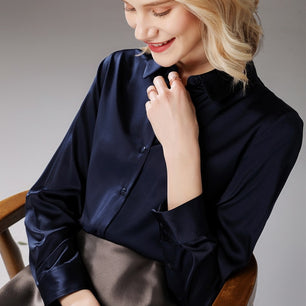 Women's Silk Turndown Collar Long Sleeves Plain Pattern Blouse