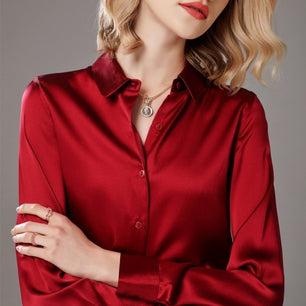 Women's Silk Turndown Collar Long Sleeves Plain Pattern Blouse