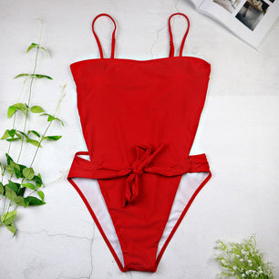 Women's Square Neck Spaghetti Strap Plain Waist Knot One-Piece