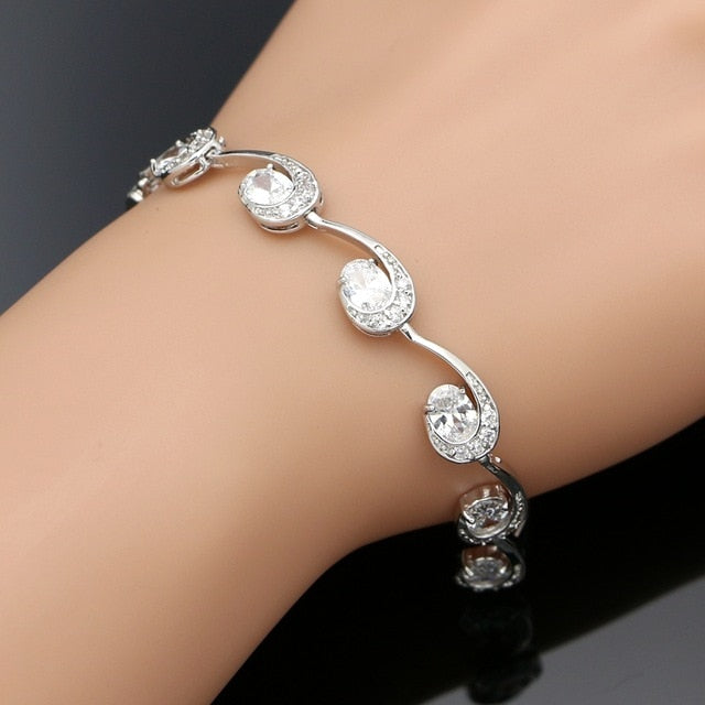 Women's 100% 925 Sterling Silver Blue Cubic Oval Zircon Charm Bracelet