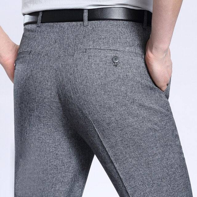 Men's Mid Waist Plain Button Side Pockets Slim Straight Pants