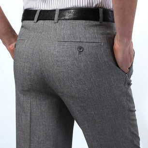 Men's Mid Waist Plain Button Side Pockets Slim Straight Pants