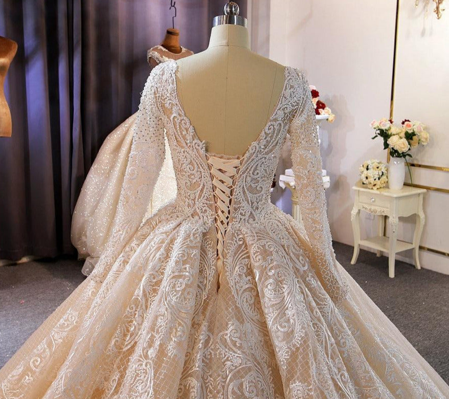 Women's V-Neck Long Sleeves Lace Train Ball Gown Wedding Dress