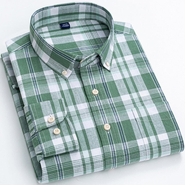 Men's Turndown Collar Long Sleeves Plaid Pattern Button Shirt