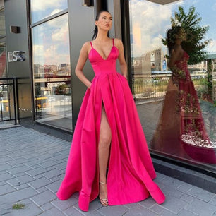 Women's Sphagetti Strap Side Slit Long Plain Party Gown Dress