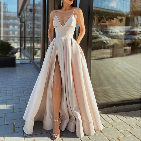 Women's Sphagetti Strap Side Slit Long Plain Party Gown Dress