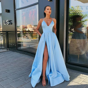 Women's Sphagetti Strap Side Slit Long Plain Party Gown Dress