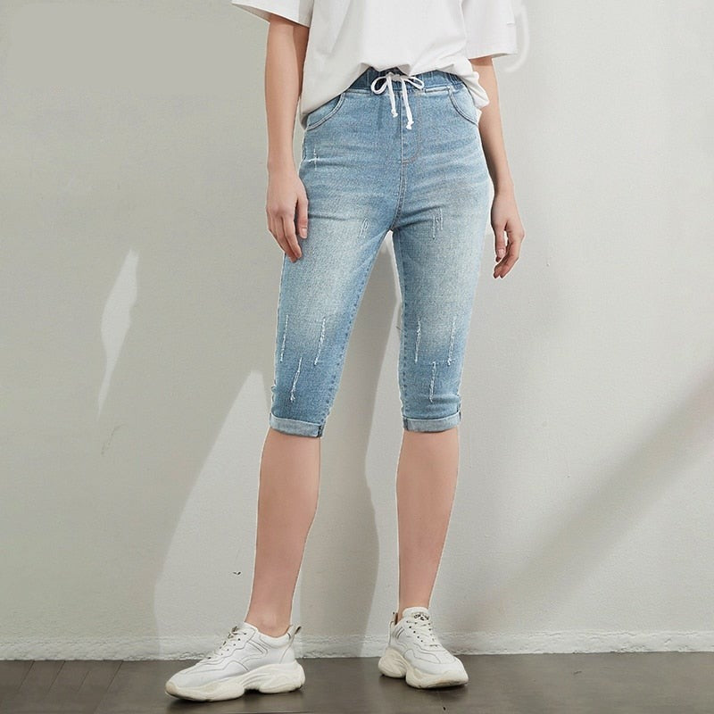 Women's High Drawstring Waist Ripped Pattern Denim Jeans