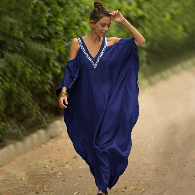 Women's Silk Satin V-Neck Off Shoulder Tunic Beachwear Cover Up