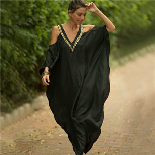 Women's Silk Satin V-Neck Off Shoulder Tunic Beachwear Cover Up