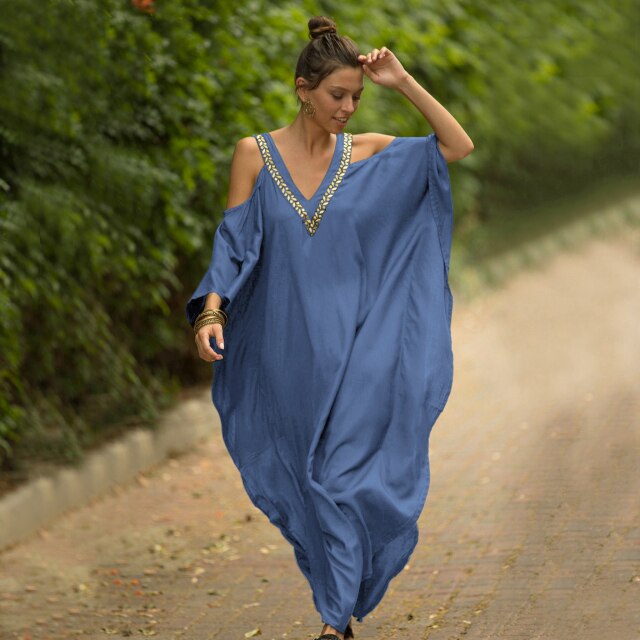 Women's Silk Satin V-Neck Off Shoulder Tunic Beachwear Cover Up