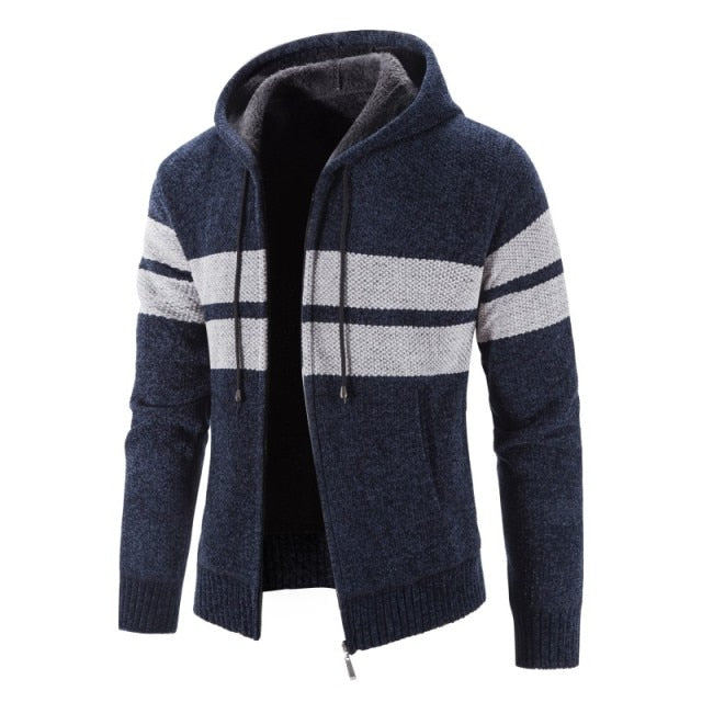 Men's Stand Hooded Collar Zipper Stripe Pattern Warm Jacket