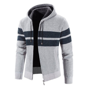 Men's Stand Hooded Collar Zipper Stripe Pattern Warm Jacket