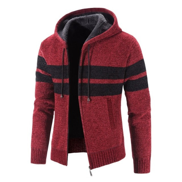 Men's Stand Hooded Collar Zipper Stripe Pattern Warm Jacket