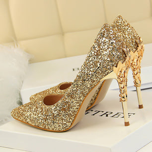 Women's Pointed Toe Glitter Carving Wedding Bridal Shoes