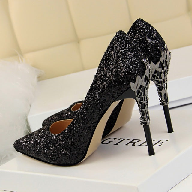 Women's Pointed Toe Glitter Carving Wedding Bridal Shoes