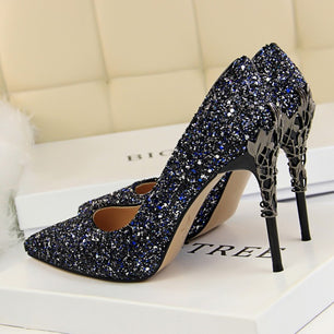 Women's Pointed Toe Glitter Carving Wedding Bridal Shoes