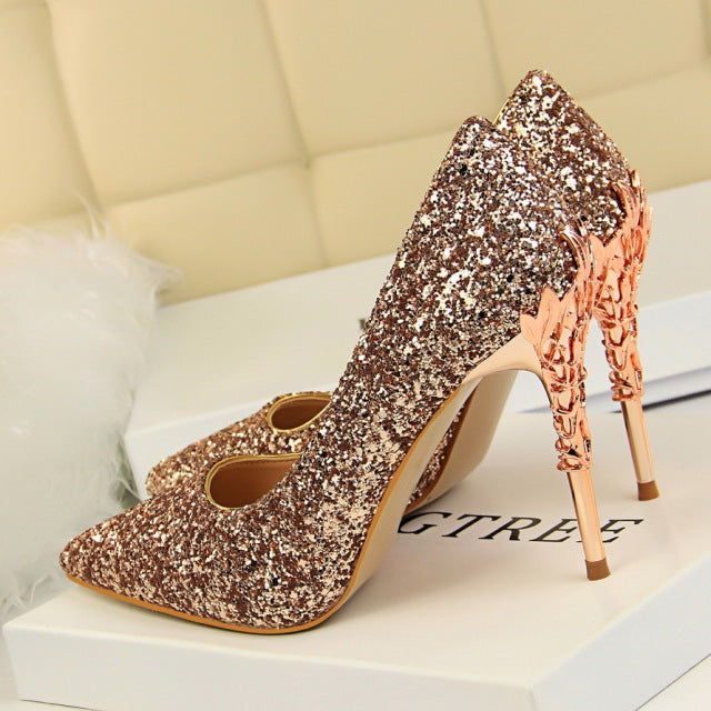 Women's Pointed Toe Glitter Carving Wedding Bridal Shoes