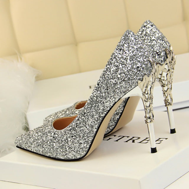 Women's Pointed Toe Glitter Carving Wedding Bridal Shoes