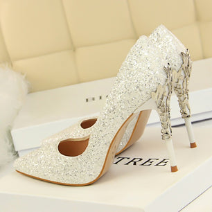 Women's Pointed Toe Glitter Carving Wedding Bridal Shoes