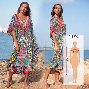 Women's V-Neck Short Sleeves Printed Beachwear Caftan Cover Up