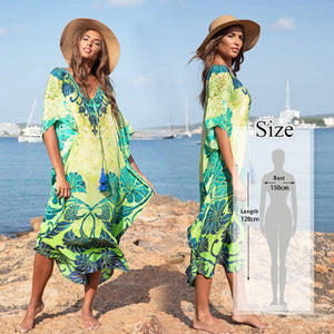 Women's V-Neck Short Sleeves Printed Beachwear Caftan Cover Up