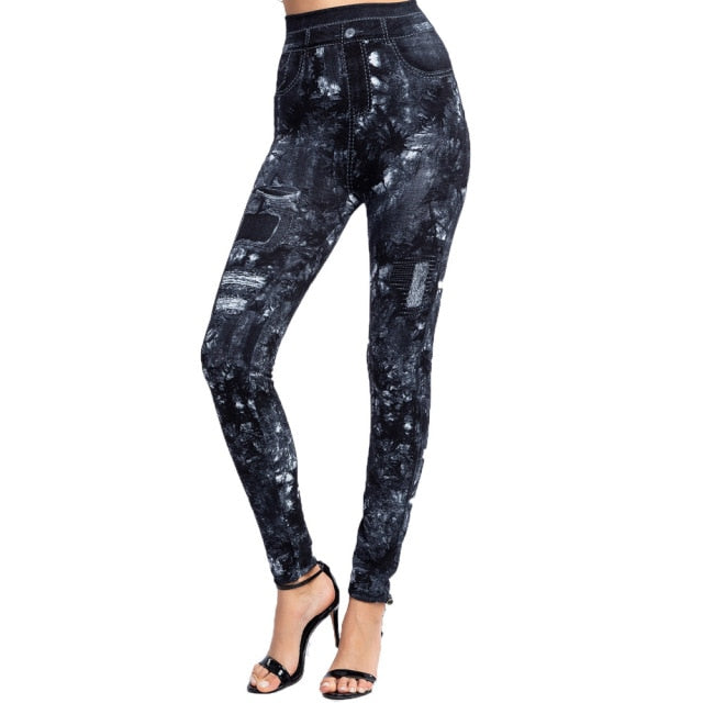 Women's High Waist Button Closure Printed Denim Trouser Pants