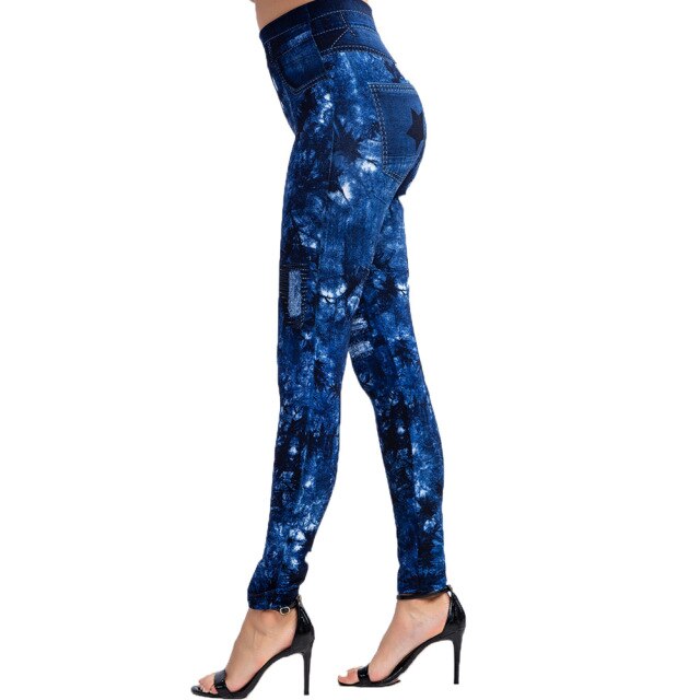 Women's High Waist Button Closure Printed Denim Trouser Pants