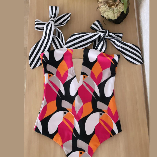 Women's Deep Neck Knot Shoulder Strap One Piece Backless Swimsuit