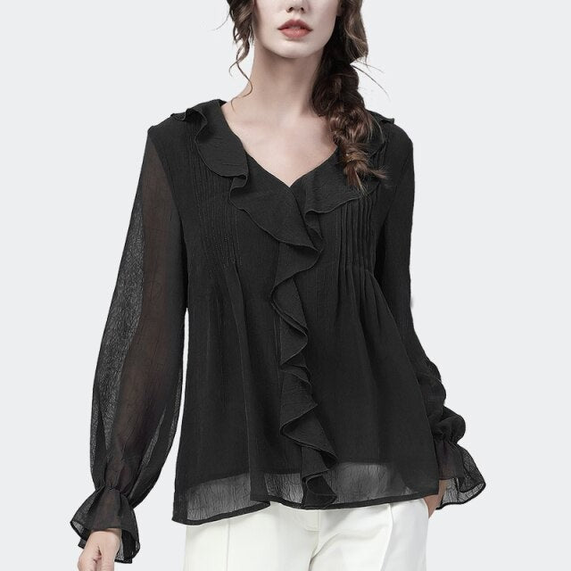 Women's Ruffled V-Neck Lantern Sleeves Pleated Chic Blouse