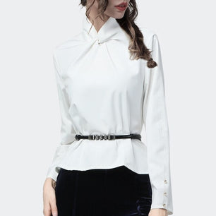 Women's Stand Collar Long Plain Sleeves With Belt Chic Blouse