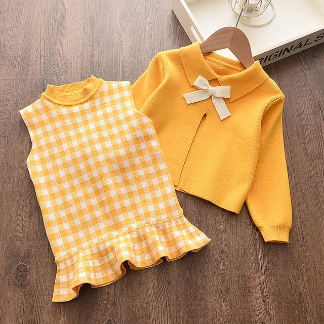 Baby Girl's Round Neck Long Sleeve Plaid Pattern Skirt Set