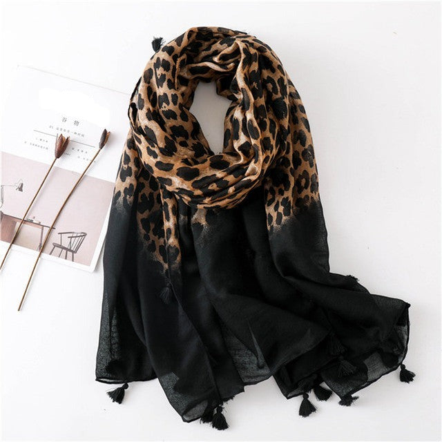 Women's Cotton Leopard Printed Neck Wrap Winter Tassel Scarves