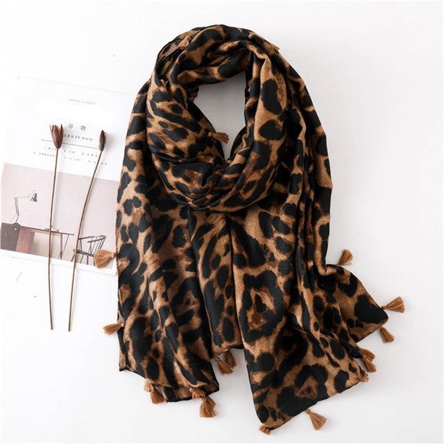 Women's Cotton Leopard Printed Neck Wrap Winter Tassel Scarves