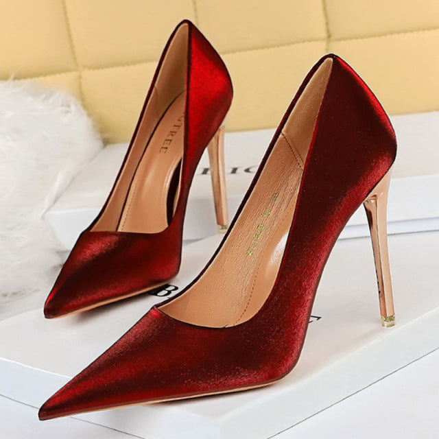 Women's High Heels Silk Slip-On Pointed Toe Formal Shoes