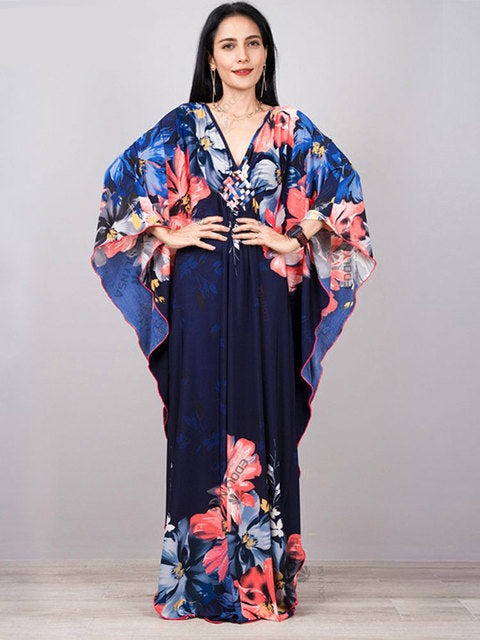 Women's V-Neck Full Sleeve Floral Print Kaftan Beach Cover Up