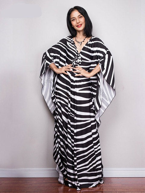 Women's V-Neck Full Sleeve Printed Kaftan Beach Cover Up