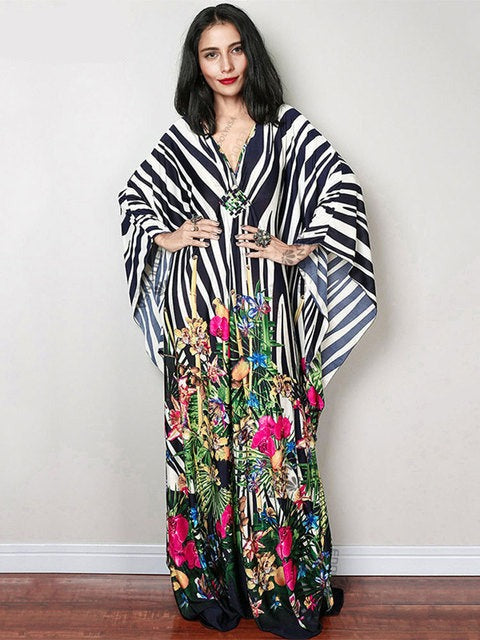 Women's V-Neck Full Sleeve Floral Print Kaftan Beach Cover Up