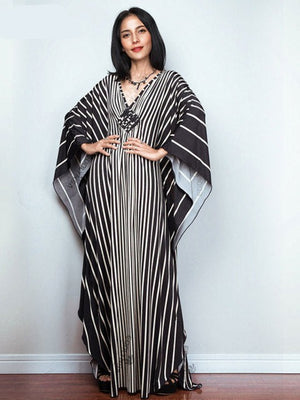 Women's V-Neck Full Sleeve Striped Pattern Kaftan Beach Cover Up