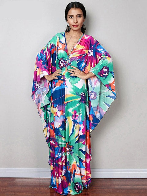 Women's V-Neck Full Sleeve Floral Print Kaftan Beach Cover Up