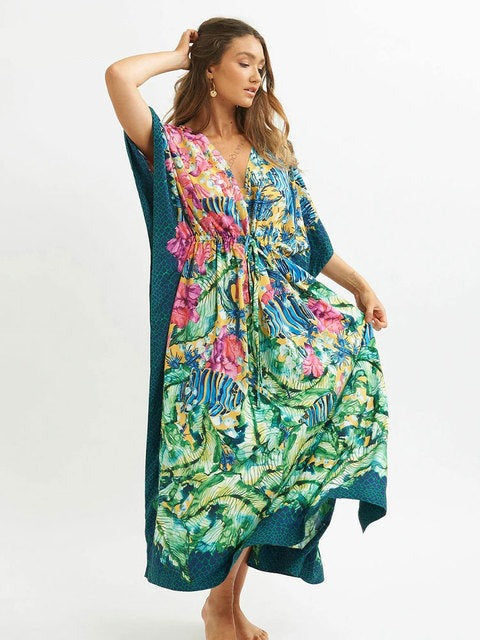 Women's V-Neck Short Sleeve Floral Print Kaftan Beach Cover Up