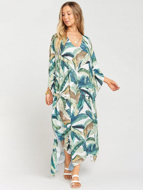 Women's V-Neck Full Sleeve Floral Print Kaftan Beach Cover Up