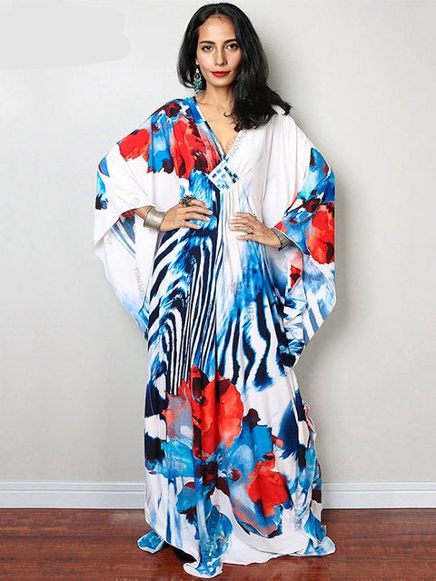 Women's V-Neck Full Sleeve Floral Print Kaftan Beach Cover Up