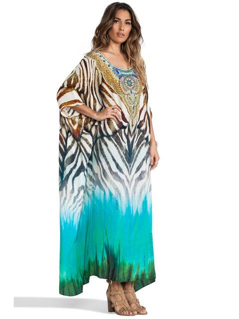 Women's O-Neck Long Sleeve Caftan Style Beach Wear Cover Up