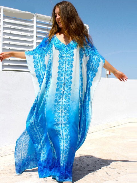 Women's V-Neck Short Sleeve Caftan Style Beach Wear Cover Up