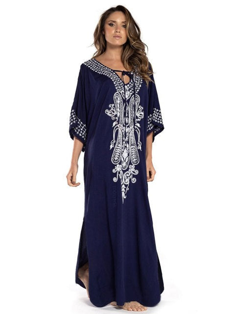 Women's V-Neck Long Sleeve Caftan Style Beach Wear Cover Up