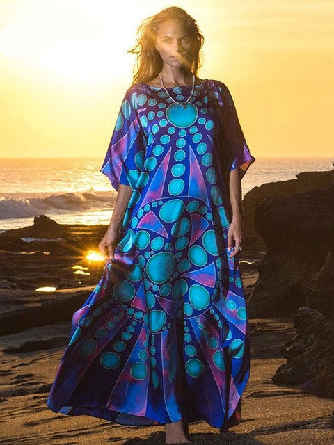 Women's O-Neck Short Sleeve Caftan Style Beach Wear Cover Up