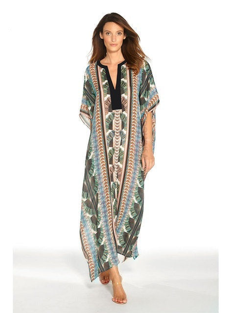 Women's V-Neck Short Sleeve Caftan Style Beach Wear Cover Up